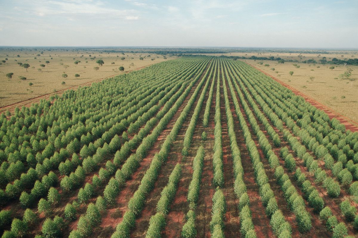 Aerial view of young eucalyptus rows running across open savanna