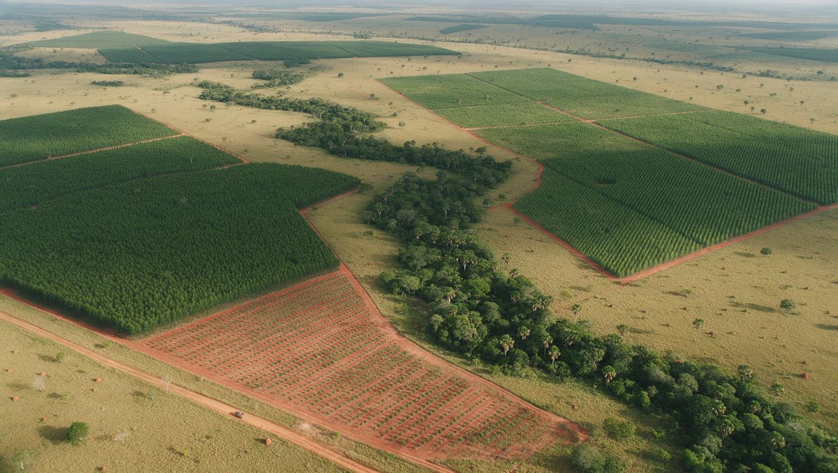 Aerial view of planted forest blocks of different ages divided by a gallery forest