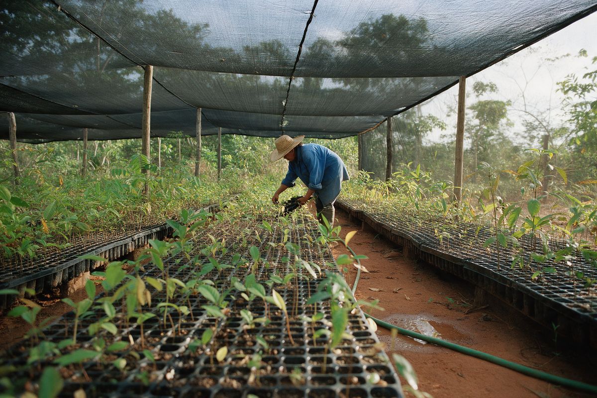 A nursery worker sorting native tree seedlings under shade netting